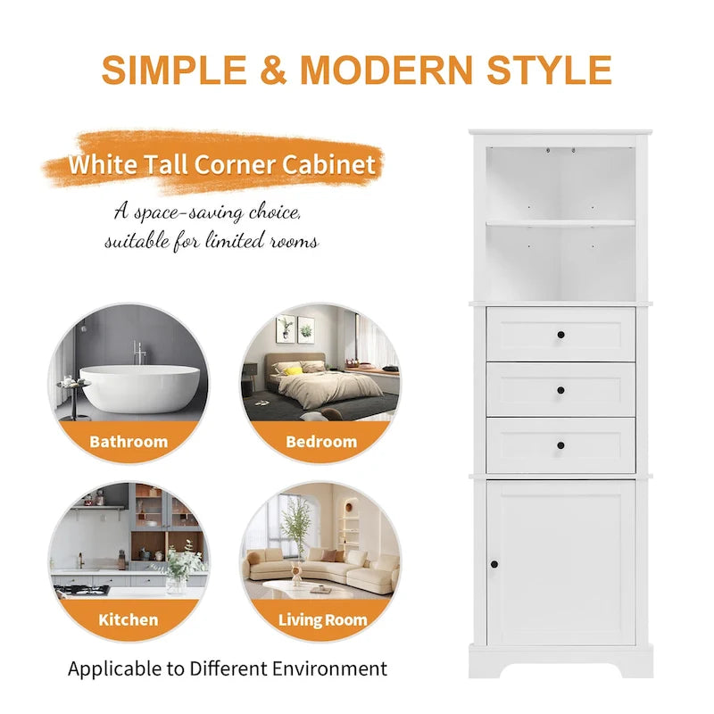 Tall Corner Storage Cabinet with 3 Drawers Open Shelf White