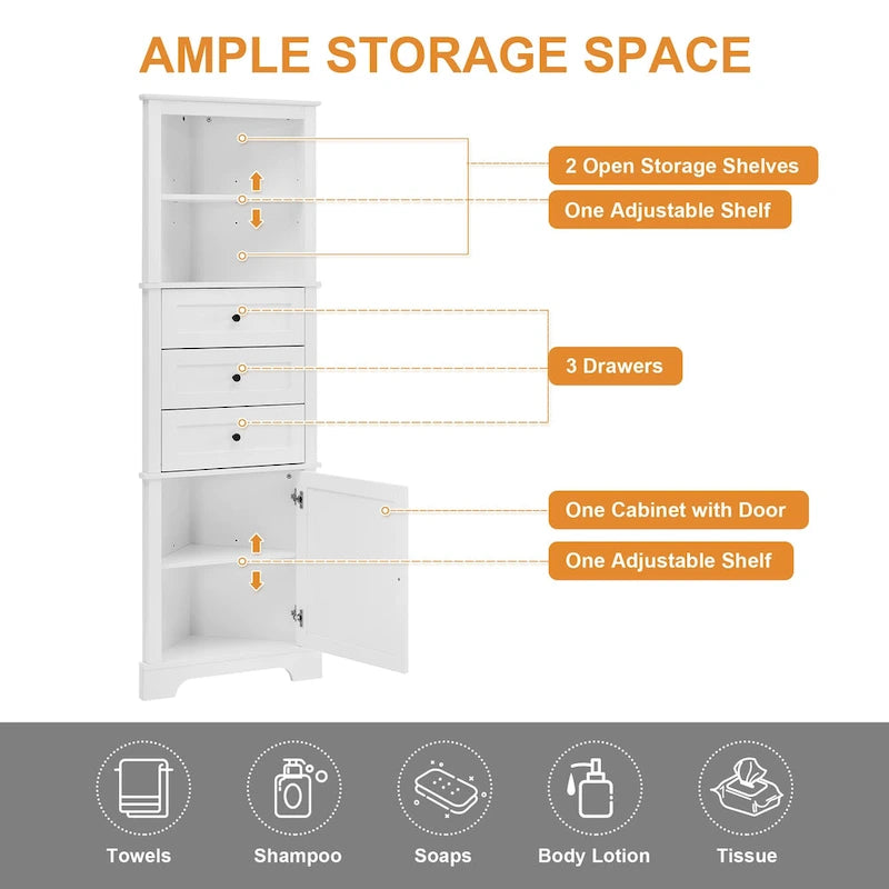 Tall Corner Storage Cabinet with 3 Drawers Open Shelf White