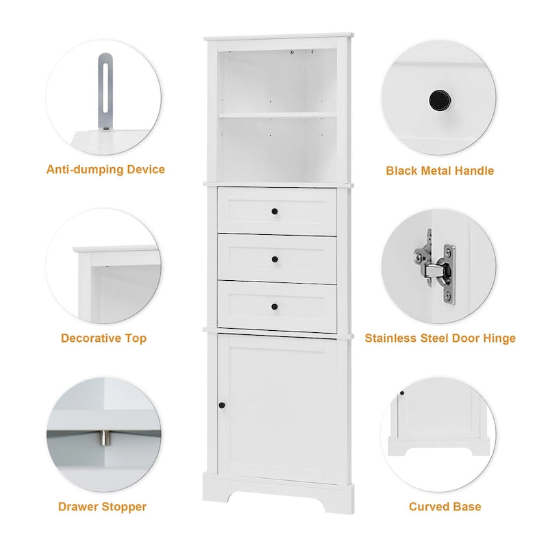 Tall Corner Storage Cabinet with 3 Drawers Open Shelf White