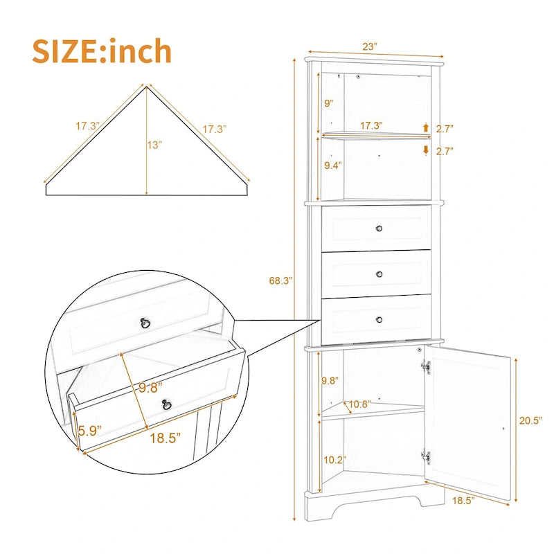 Tall Corner Storage Cabinet with 3 Drawers Open Shelf White
