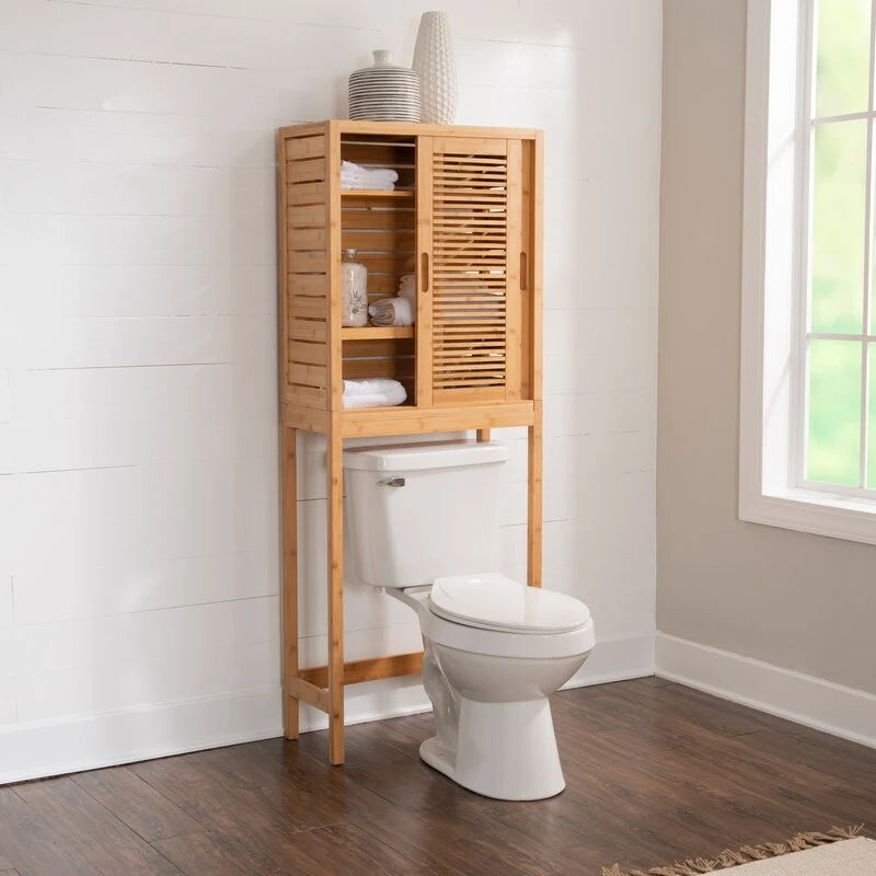 Armoire de toilette peu encombrante en bambou naturel avec portes coulissantes