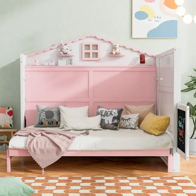 Full Size House-Shaped Kids Bed with USB Charging, Storage Shelves, Blackboard, Pink White