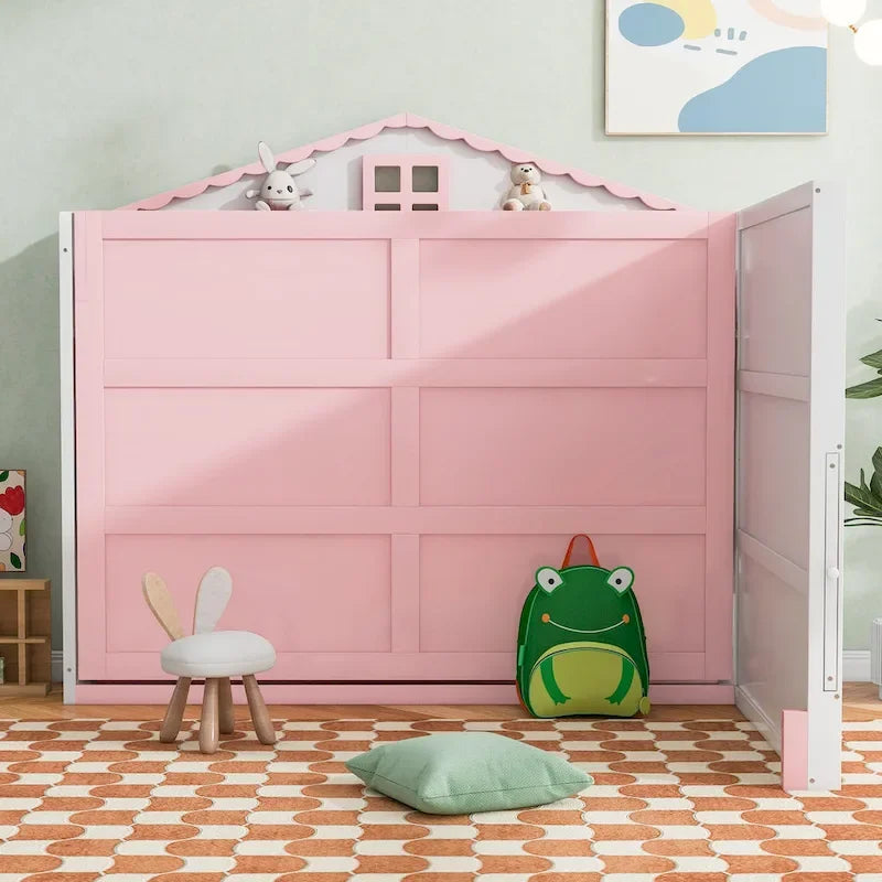 Full Size House-Shaped Kids Bed with USB Charging, Storage Shelves, Blackboard, Pink White