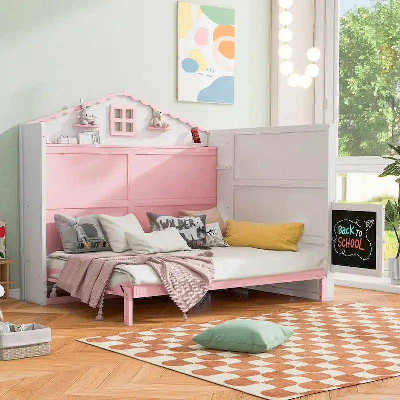 Full Size House-Shaped Kids Bed with USB Charging, Storage Shelves, Blackboard, Pink White