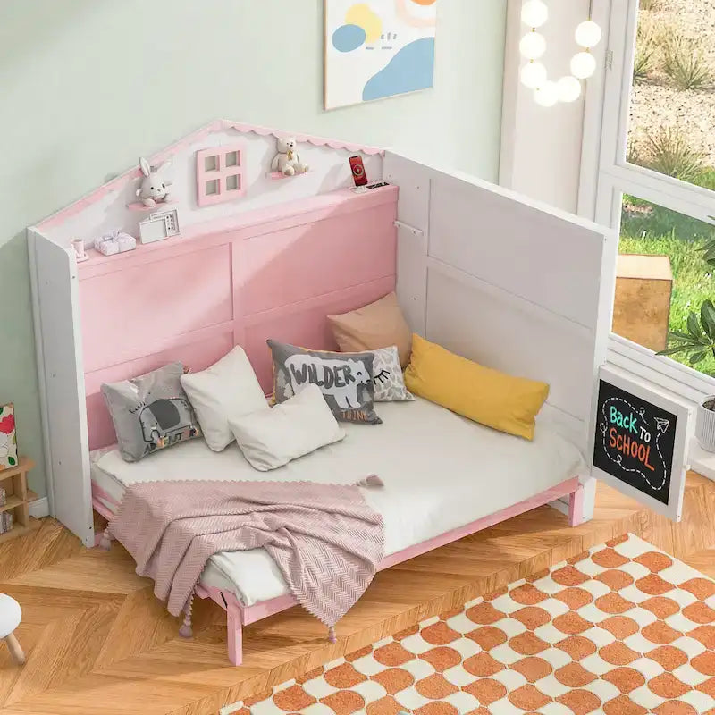 Full Size House-Shaped Kids Bed with USB Charging, Storage Shelves, Blackboard, Pink White