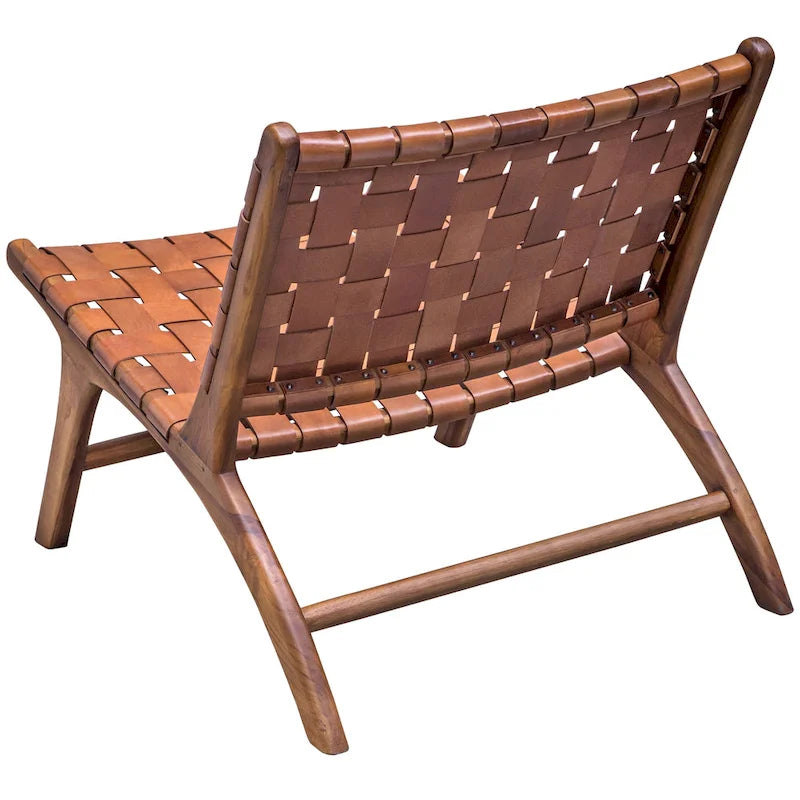 Fauteuil en cuir cognac avec cadre en teck naturel et accent tressé