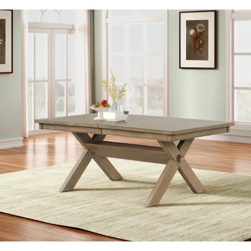 Table à manger extensible à tréteaux brun pin verni avec rallonge de 45 cm