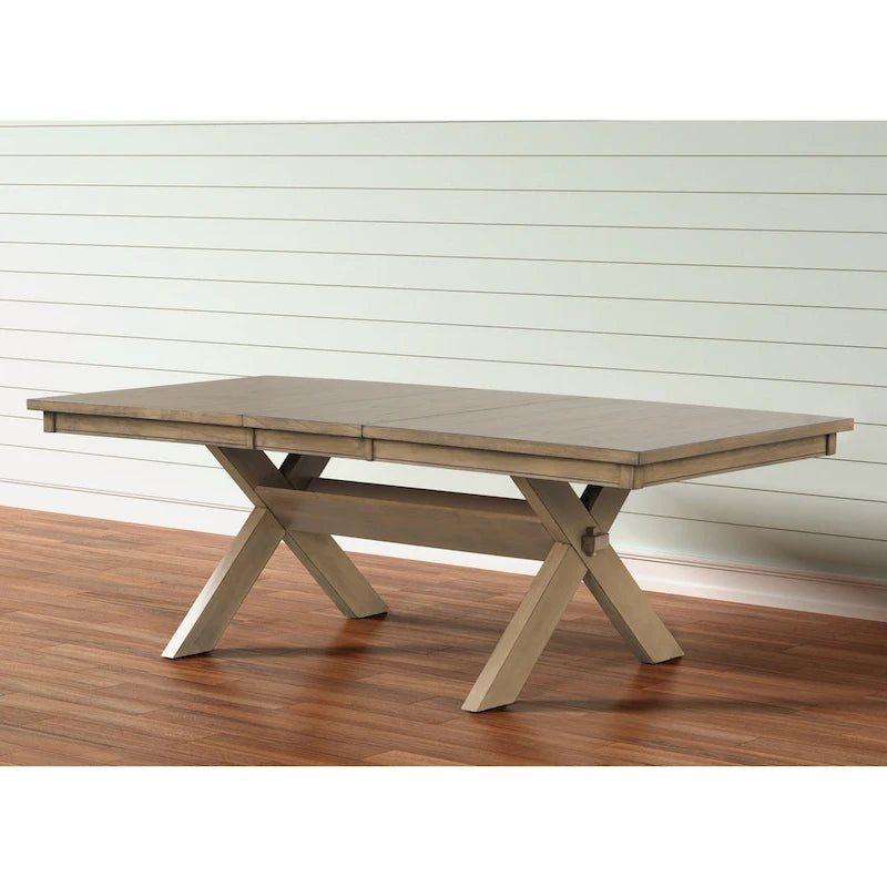 Table à manger extensible à tréteaux brun pin verni avec rallonge de 45 cm