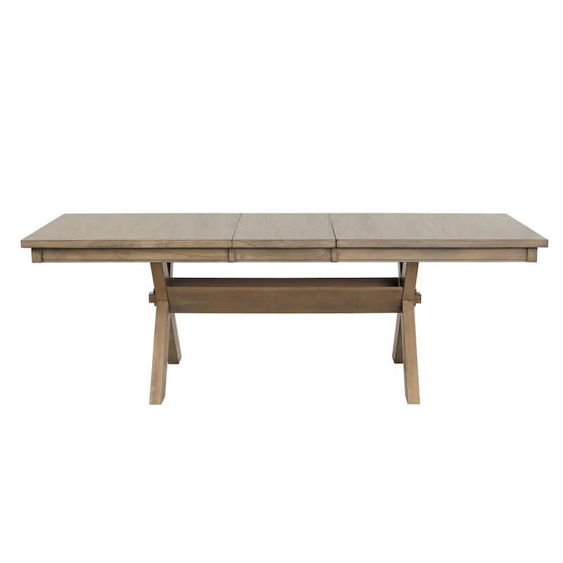 Table à manger extensible à tréteaux brun pin verni avec rallonge de 45 cm