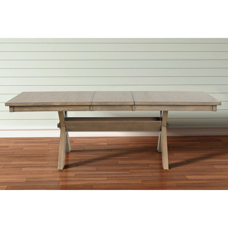 Table à manger extensible à tréteaux brun pin verni avec rallonge de 45 cm