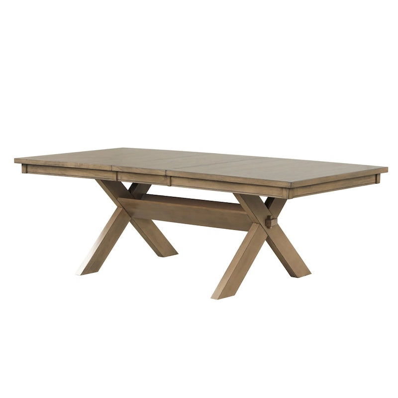 Table à manger extensible à tréteaux brun pin verni avec rallonge de 45 cm
