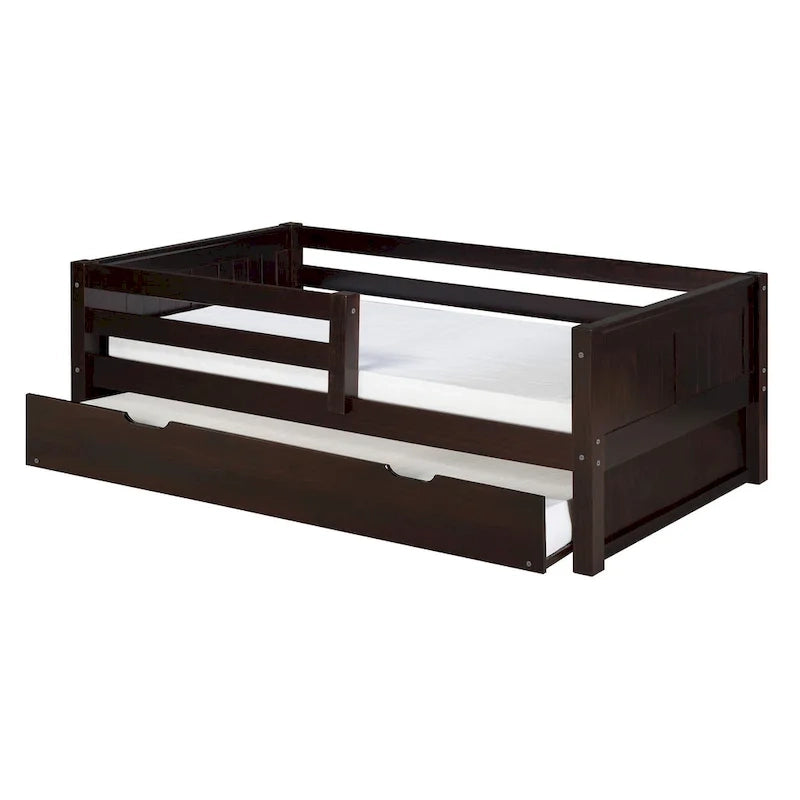 Lit de repos une place avec tête de lit à panneaux et barres de sécurité, blanc