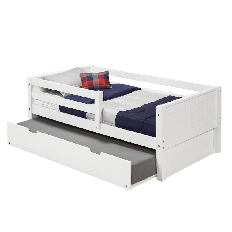 Lit de repos une place avec tête de lit à panneaux et barres de sécurité, blanc