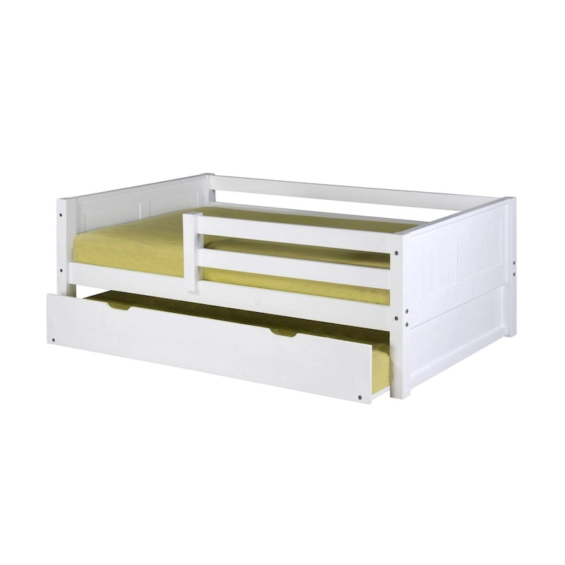 Lit de repos une place avec tête de lit à panneaux et barres de sécurité, blanc