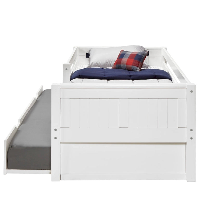 Lit de repos une place avec tête de lit à panneaux et barres de sécurité, blanc