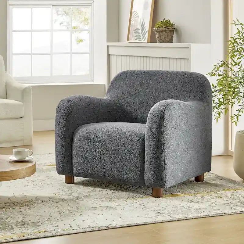 Fauteuil d'appoint rembourré en bouclé avec pieds en noyer massif, multicolore
