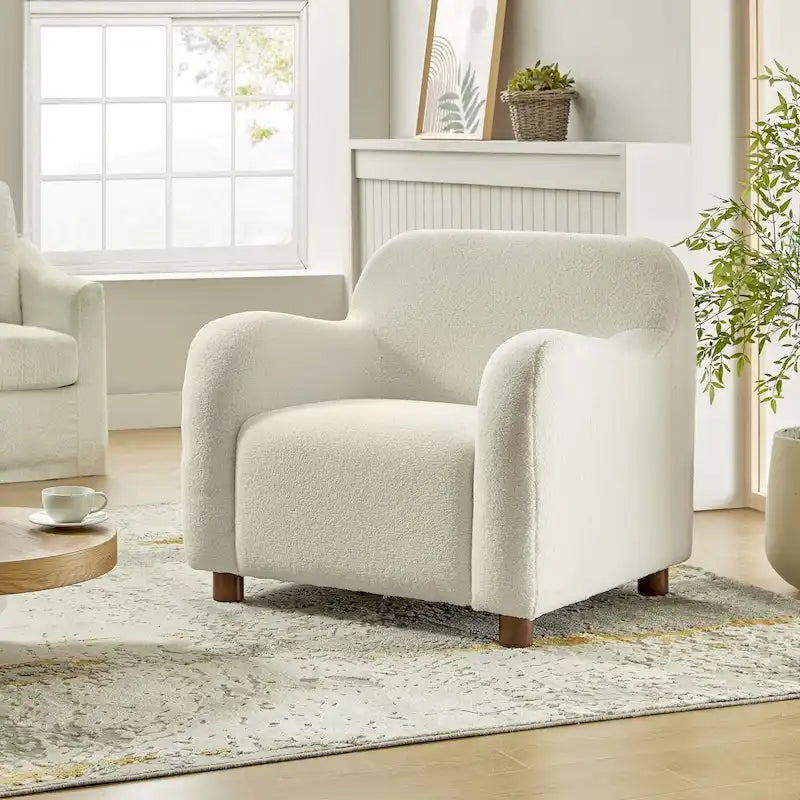 Fauteuil d'appoint rembourré en bouclé avec pieds en noyer massif, multicolore