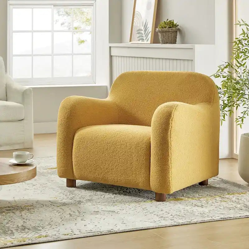 Fauteuil d'appoint rembourré en bouclé avec pieds en noyer massif, multicolore