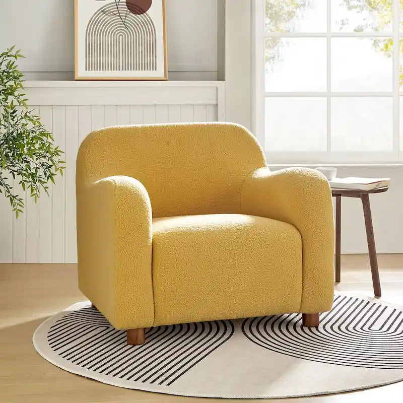 Fauteuil d'appoint rembourré en bouclé avec pieds en noyer massif, multicolore