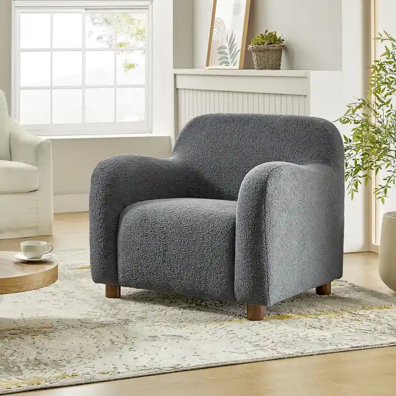 Fauteuil d'appoint rembourré en bouclé avec pieds en noyer massif, multicolore