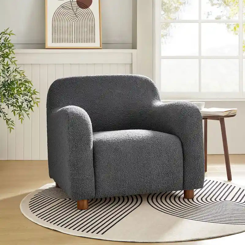 Fauteuil d'appoint rembourré en bouclé avec pieds en noyer massif, multicolore
