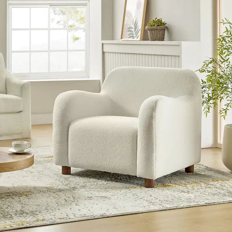 Fauteuil d'appoint rembourré en bouclé avec pieds en noyer massif, multicolore