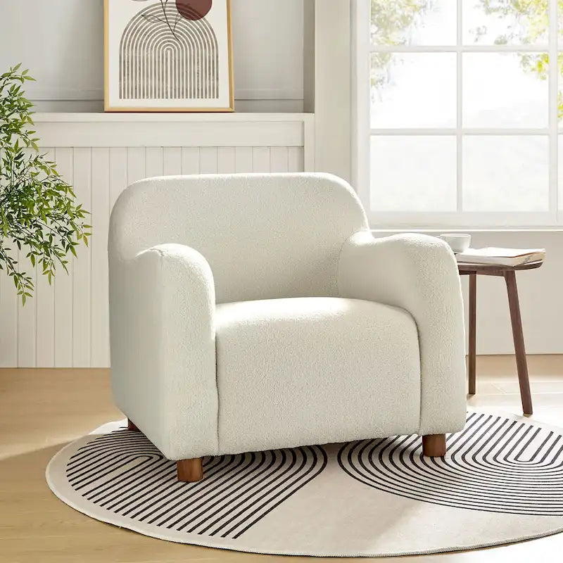 Fauteuil d'appoint rembourré en bouclé avec pieds en noyer massif, multicolore