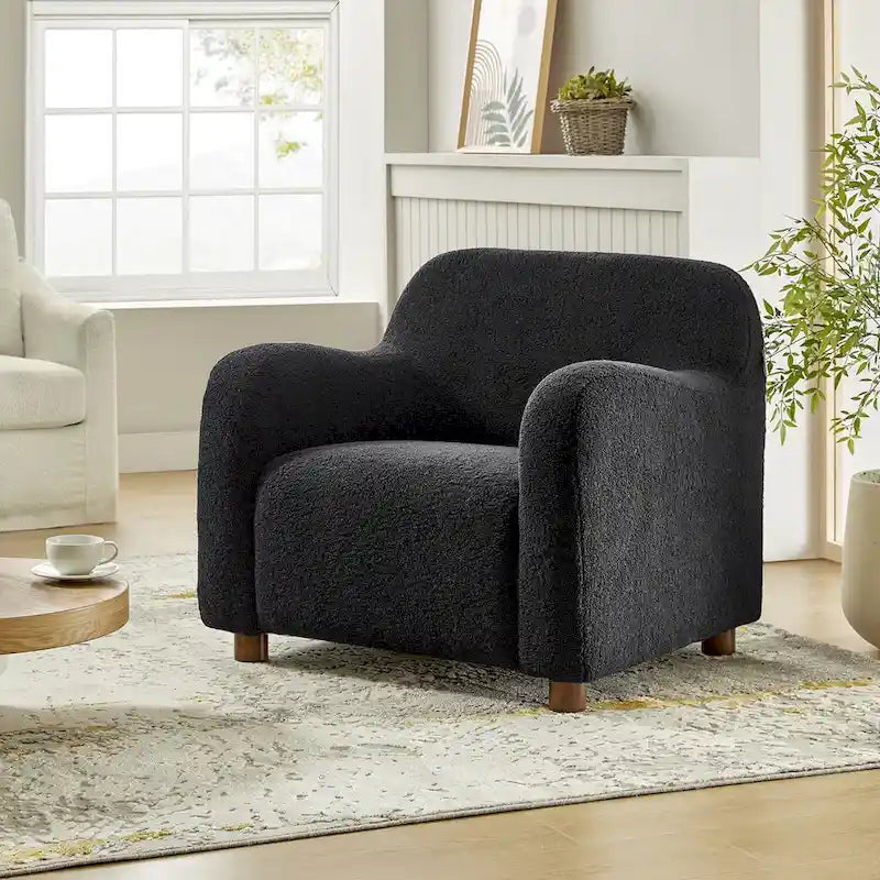 Fauteuil d'appoint rembourré en bouclé avec pieds en noyer massif, multicolore