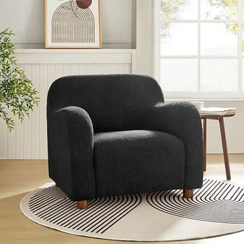 Fauteuil d'appoint rembourré en bouclé avec pieds en noyer massif, multicolore