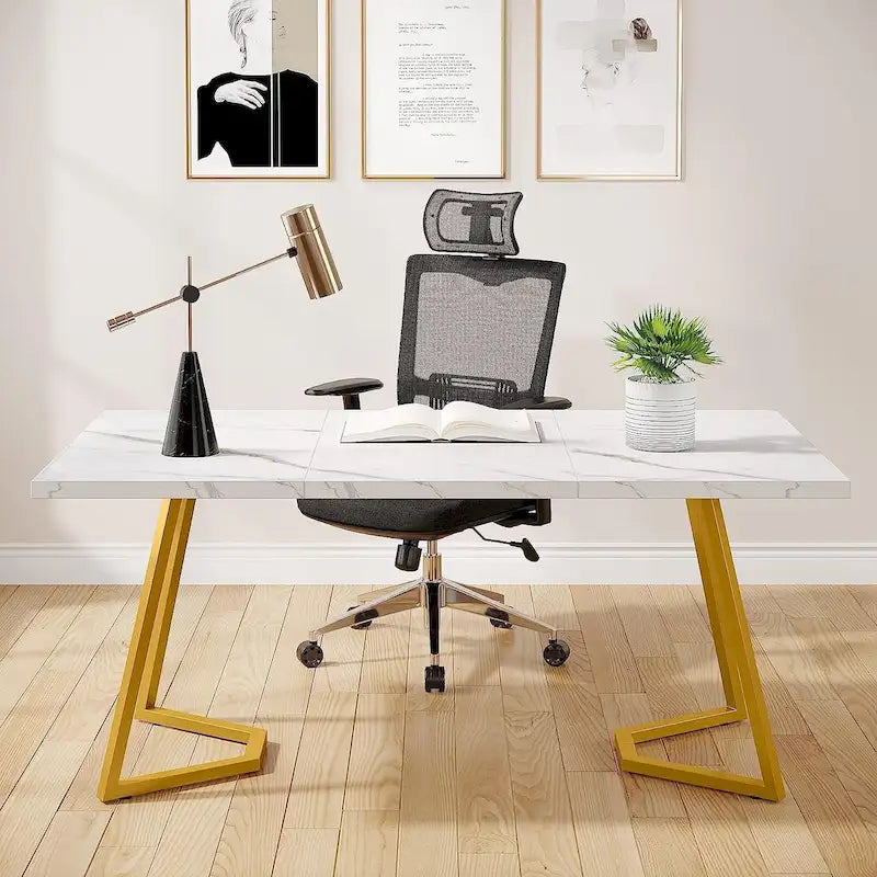 Bureau moderne avec plateau en bois et pieds en métal blanc, marron