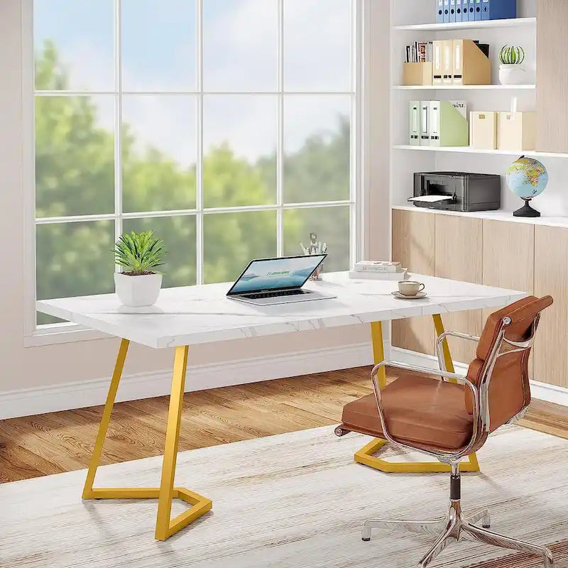 Bureau moderne avec plateau en bois et pieds en métal blanc, marron