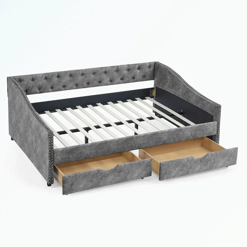 Lit de repos capitonné avec tiroirs de rangement, accoudoirs ondulés et clous décoratifs Gris Beige