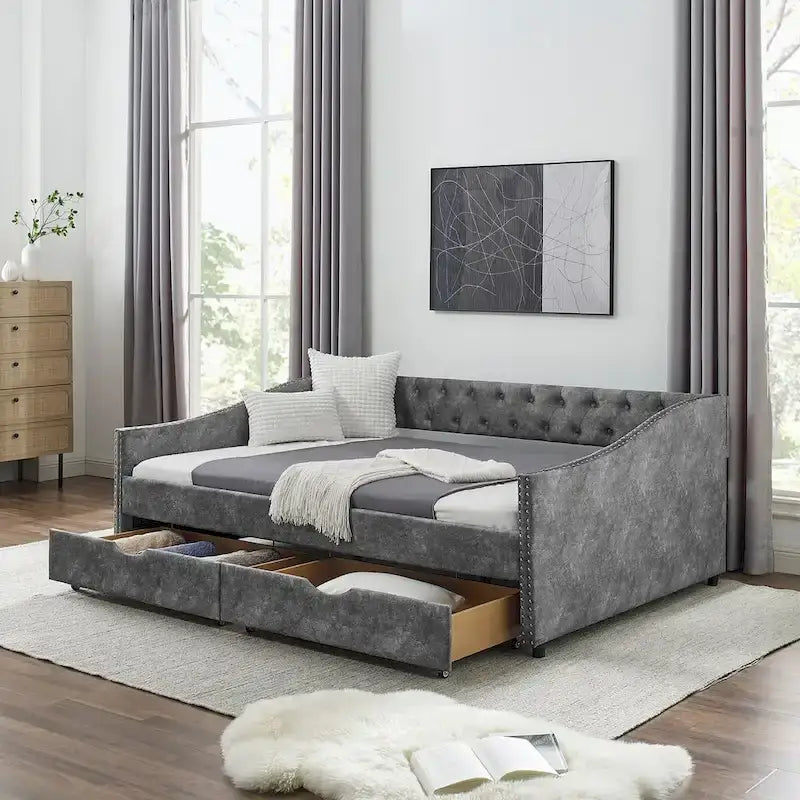 Lit de repos capitonné avec tiroirs de rangement, accoudoirs ondulés et clous décoratifs Gris Beige
