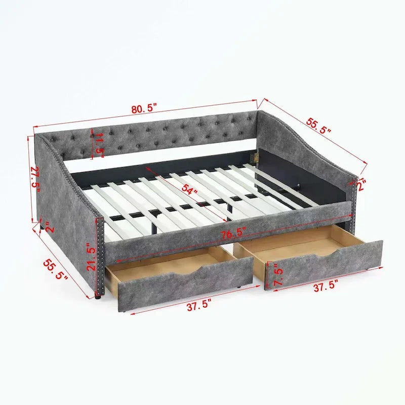 Lit de repos capitonné avec tiroirs de rangement, accoudoirs ondulés et clous décoratifs Gris Beige