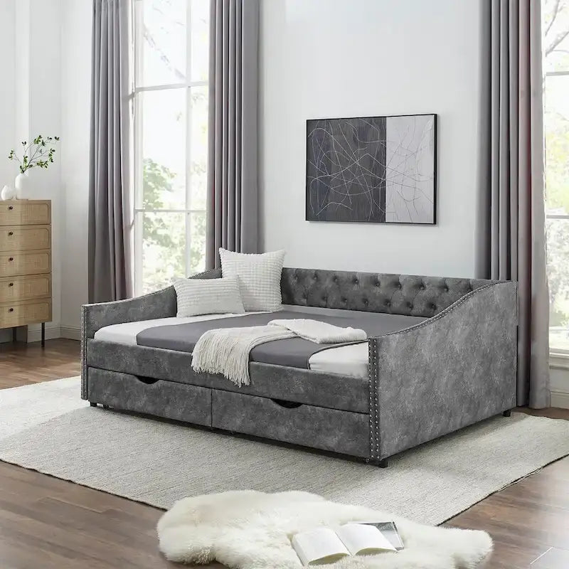 Lit de repos capitonné avec tiroirs de rangement, accoudoirs ondulés et clous décoratifs Gris Beige
