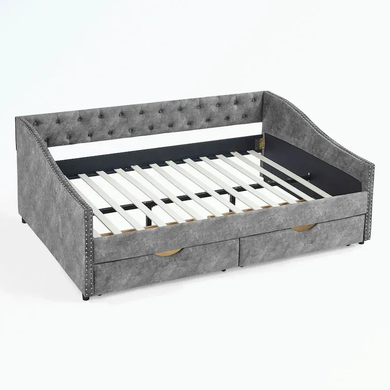 Lit de repos capitonné avec tiroirs de rangement, accoudoirs ondulés et clous décoratifs Gris Beige
