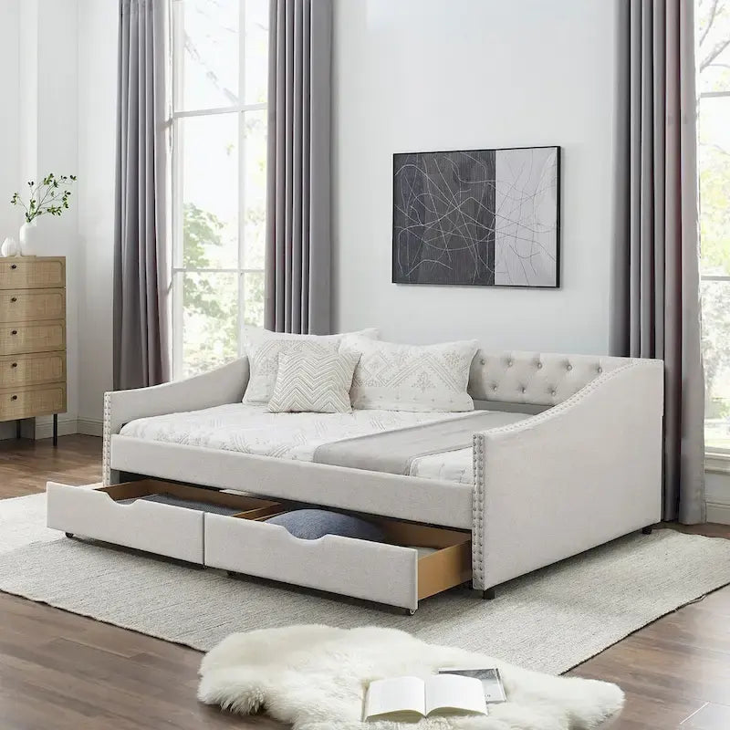 Lit de repos capitonné avec tiroirs de rangement, accoudoirs ondulés et clous décoratifs Gris Beige