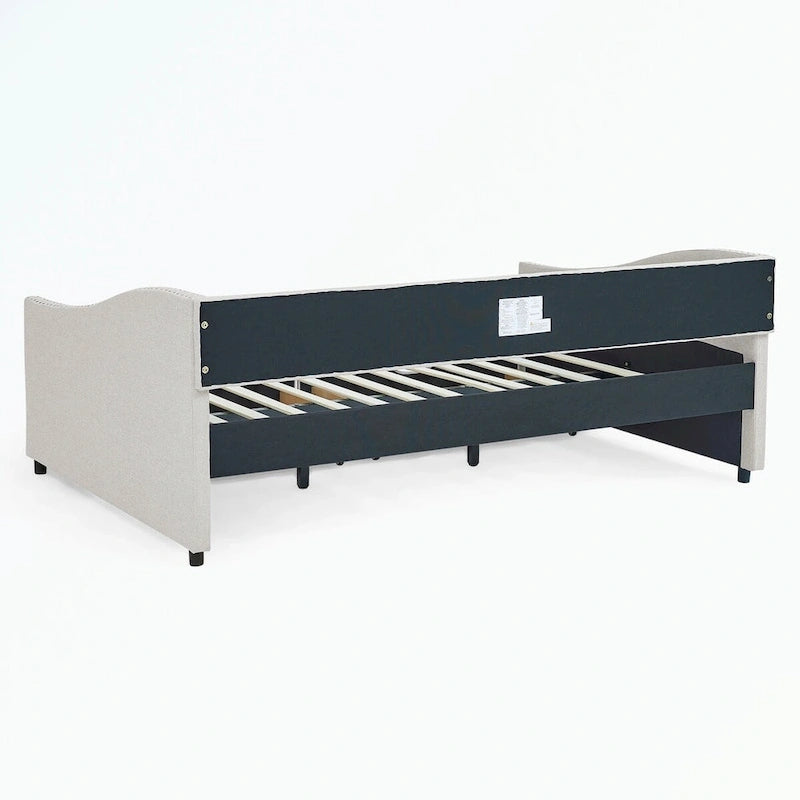 Lit de repos capitonné avec tiroirs de rangement, accoudoirs ondulés et clous décoratifs Gris Beige