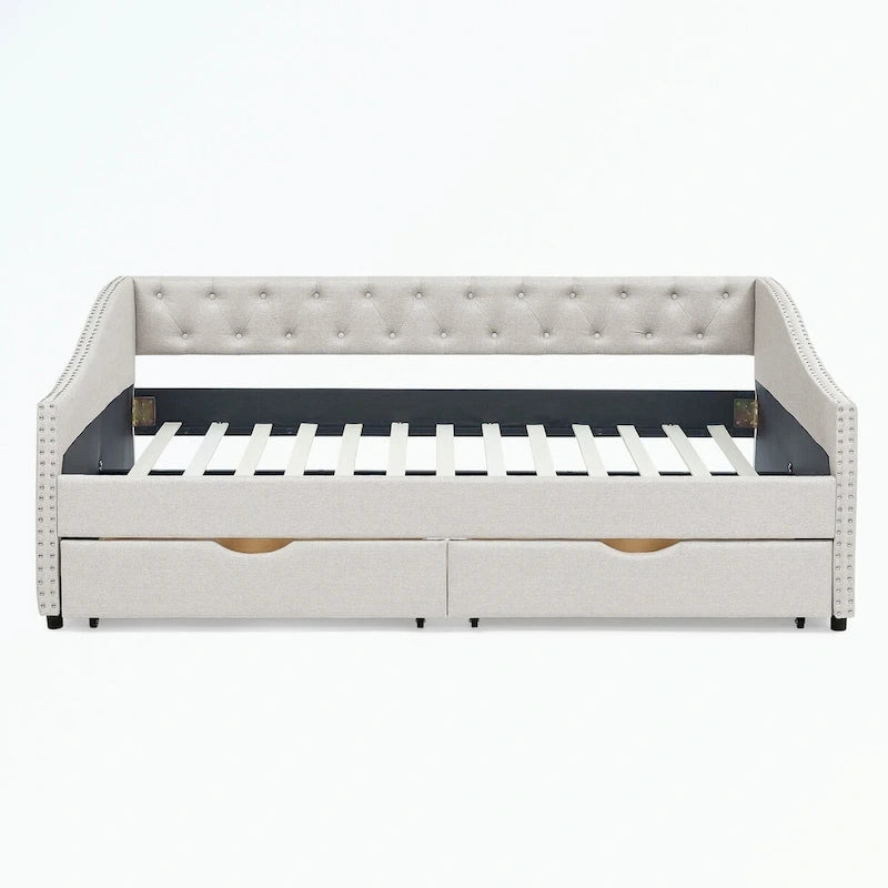 Lit de repos capitonné avec tiroirs de rangement, accoudoirs ondulés et clous décoratifs Gris Beige