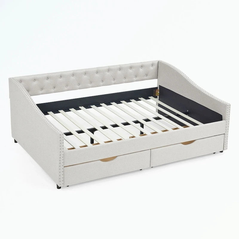 Lit de repos capitonné avec tiroirs de rangement, accoudoirs ondulés et clous décoratifs Gris Beige