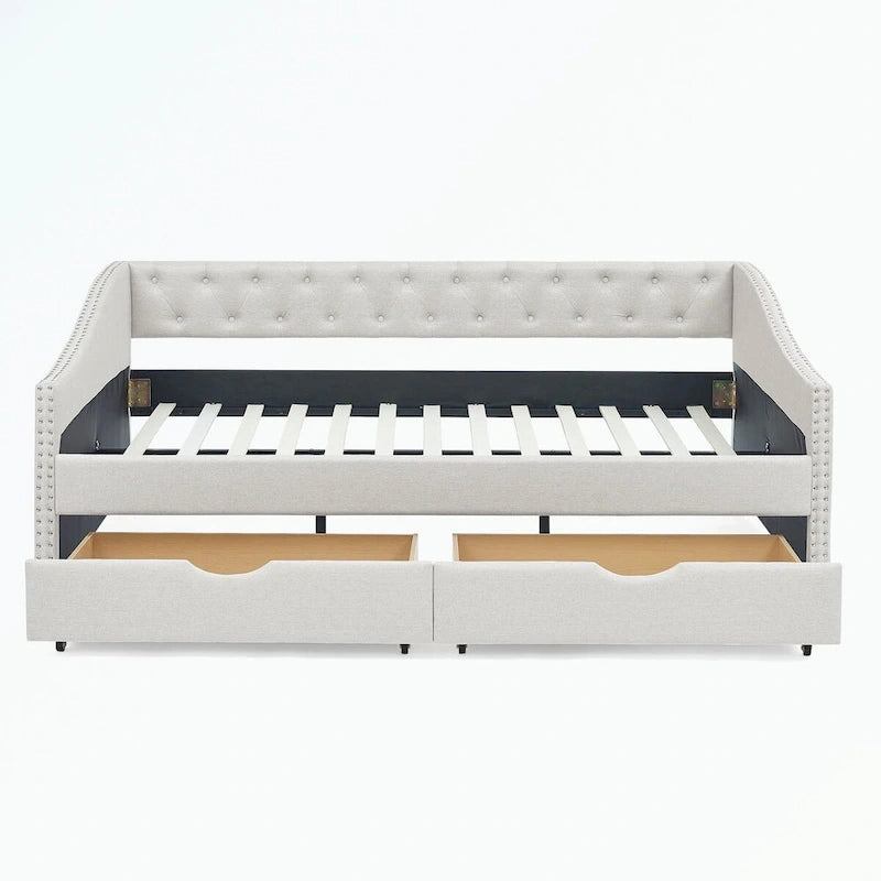 Lit de repos capitonné avec tiroirs de rangement, accoudoirs ondulés et clous décoratifs Gris Beige