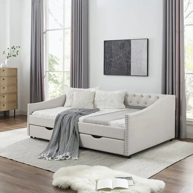 Lit de repos capitonné avec tiroirs de rangement, accoudoirs ondulés et clous décoratifs Gris Beige