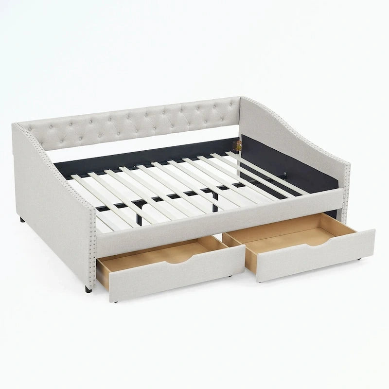 Lit de repos capitonné avec tiroirs de rangement, accoudoirs ondulés et clous décoratifs Gris Beige