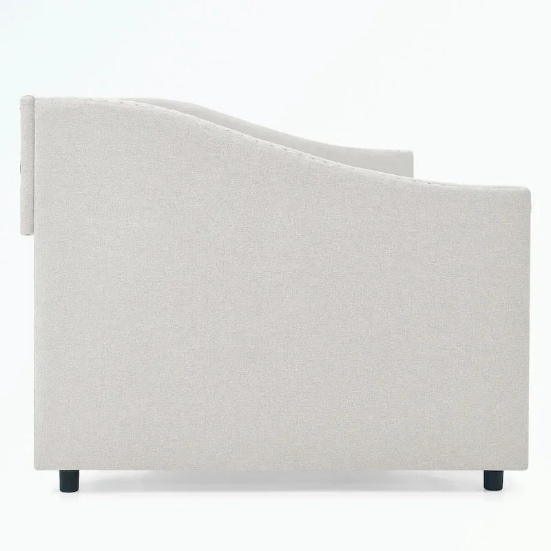 Lit de repos capitonné avec tiroirs de rangement, accoudoirs ondulés et clous décoratifs Gris Beige