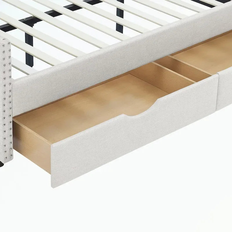 Lit de repos capitonné avec tiroirs de rangement, accoudoirs ondulés et clous décoratifs Gris Beige