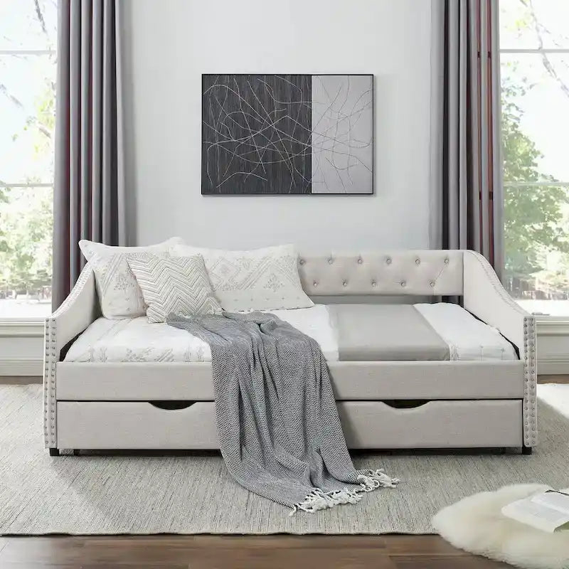 Lit de repos capitonné avec tiroirs de rangement, accoudoirs ondulés et clous décoratifs Gris Beige