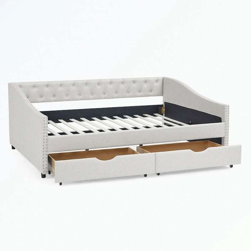Lit de repos capitonné avec tiroirs de rangement, accoudoirs ondulés et clous décoratifs Gris Beige