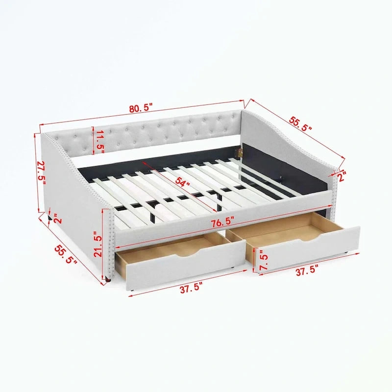 Lit de repos capitonné avec tiroirs de rangement, accoudoirs ondulés et clous décoratifs Gris Beige