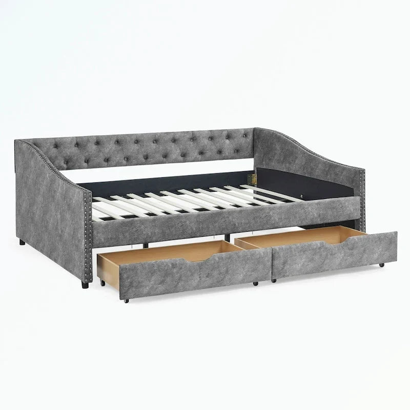 Lit de repos capitonné avec tiroirs de rangement, accoudoirs ondulés et clous décoratifs Gris Beige