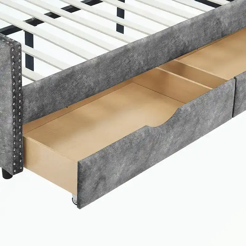 Lit de repos capitonné avec tiroirs de rangement, accoudoirs ondulés et clous décoratifs Gris Beige